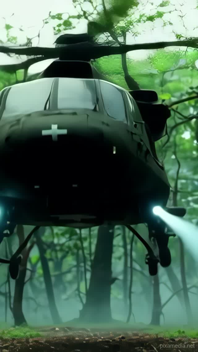 Night Rotor Over Jungle Clearing - War & Military AI stock